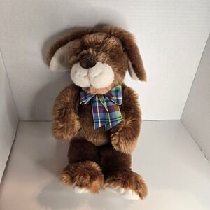 Vintage Gund Brown Bunny Plush Stuffed Animal Plaid Bow Easter Cute 14"
